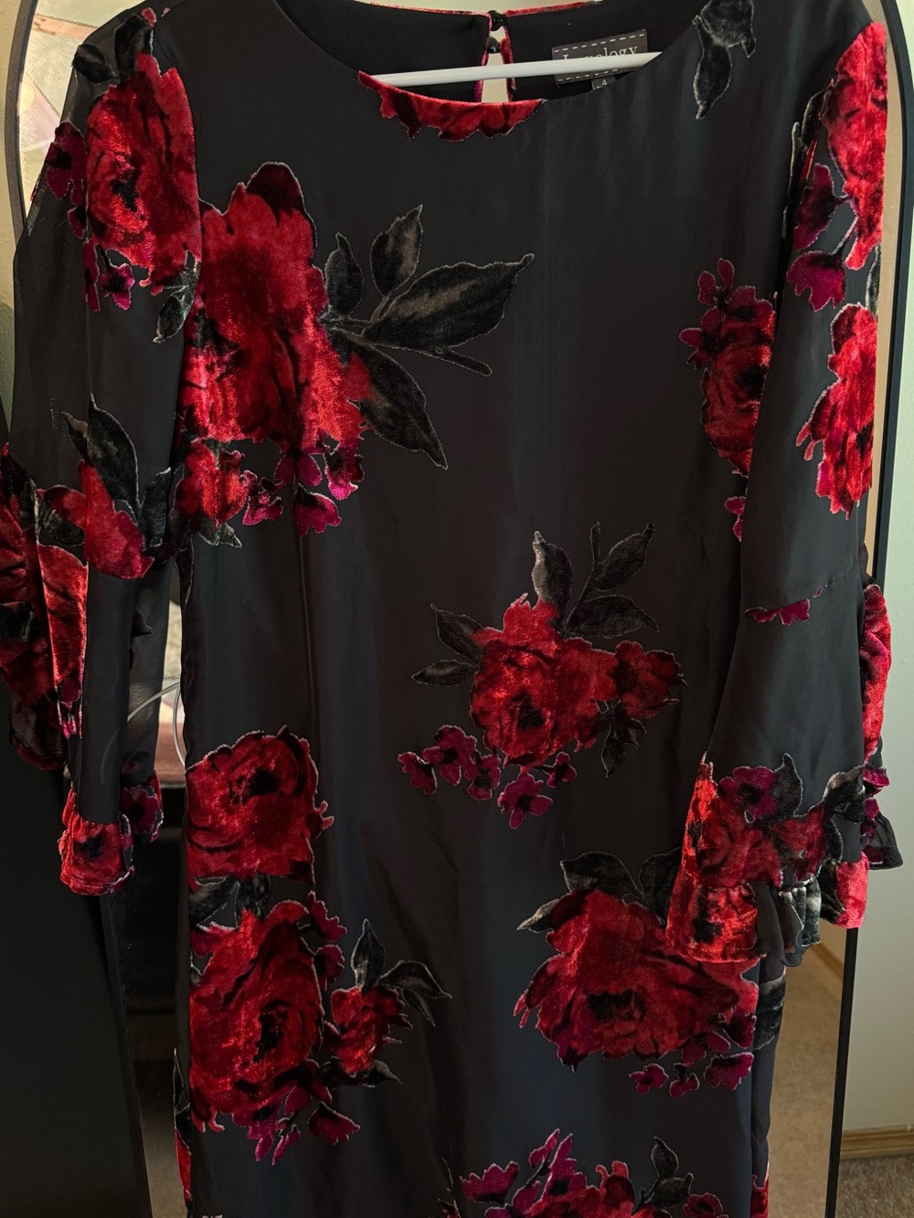 Luxology Black Long Sleeve Dress with Red Velvet Floral